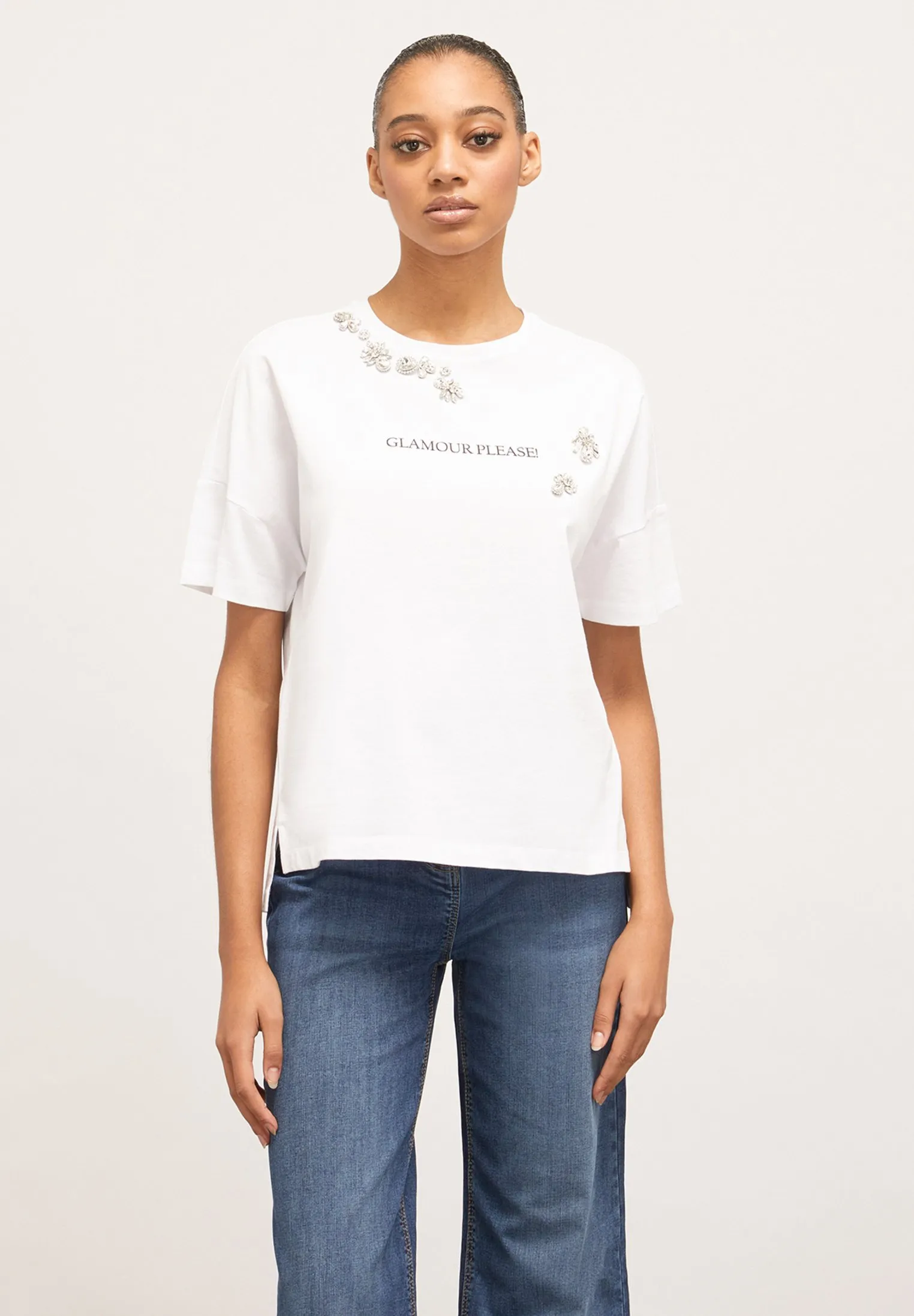 STAMPA E PIETRE RICAMATE - T-shirt con stampa